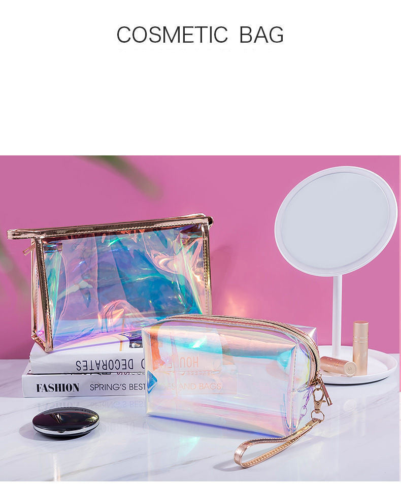 新しいカスタムロゴ印刷クリア PVC 化粧バッグ化粧品グリッターピンク化粧ブラシホルダーポーチトラベルバッグ