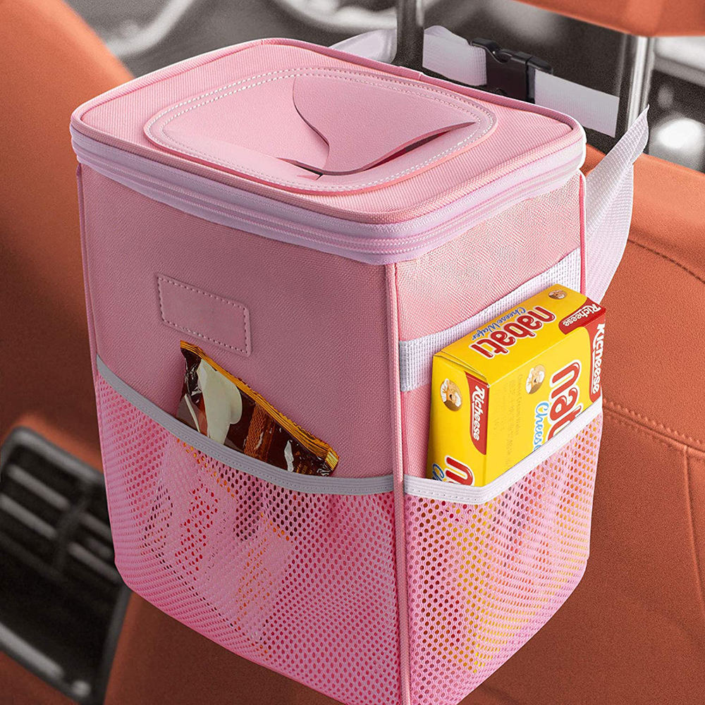 車用ゴミ箱 ブラック 漏れ防止 車用オーガナイザー 車用ゴミ箱 蓋と収納ポケット付きのゴミ袋