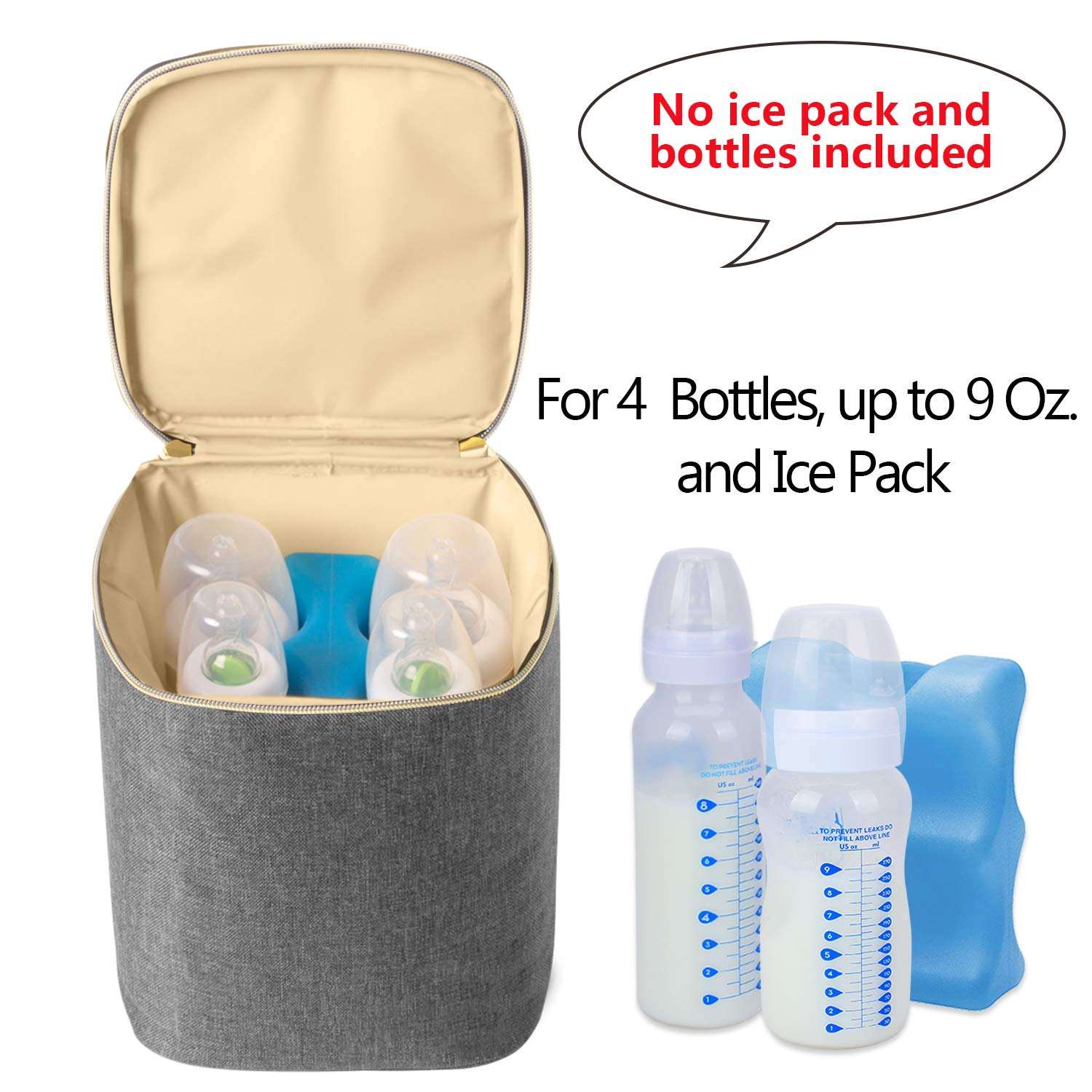 再利用可能な母乳クーラーランチバッグ 漏れ防止哺乳瓶 断熱バッグ 最大4個の大型9オンスボトル用