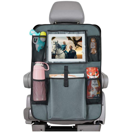 後部座席カーオーガナイザー 子供用キックマットカバー カーシートプロテクター タッチスクリーン付き iPadホルダー 収納ポケット 車両旅行